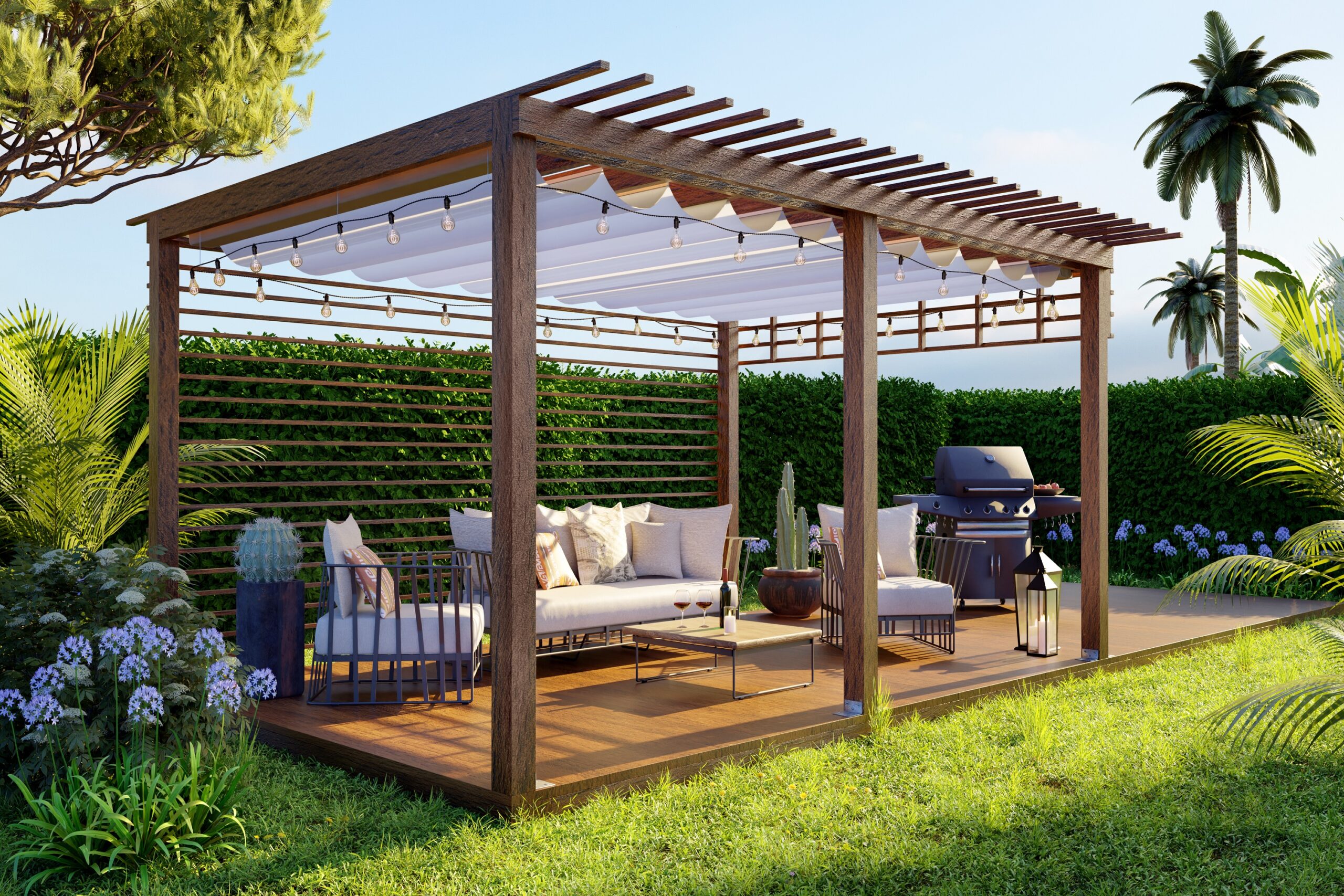 3D illustration of a luxury wooden teak deck with bbq grill and decor furniture. Side view of a wooden pergola in green garden.