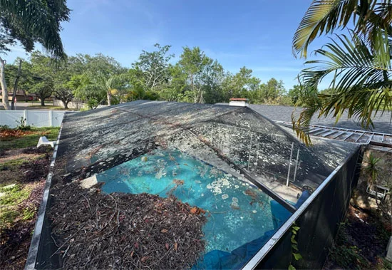 Dirty and debris-covered pool enclosure before cleaning