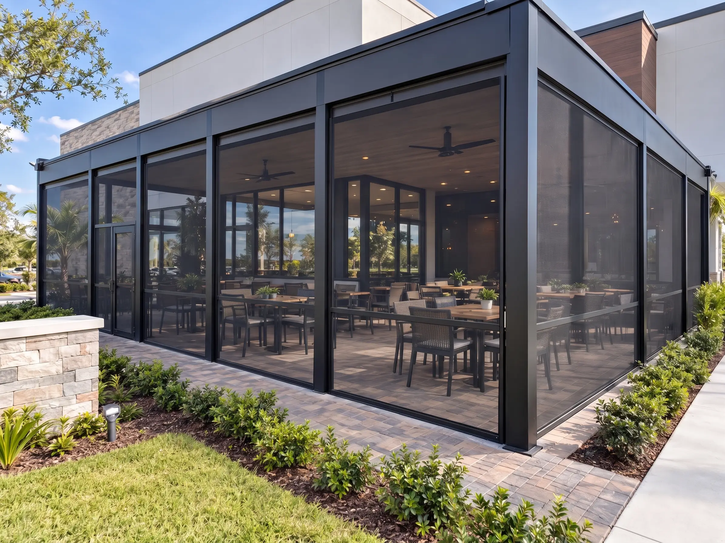 Commercial Screen Enclosure Installation for Restaurant in Florida