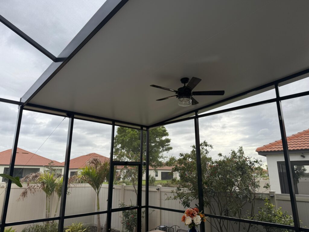 Insulated roof and the fan installed in the pool cage