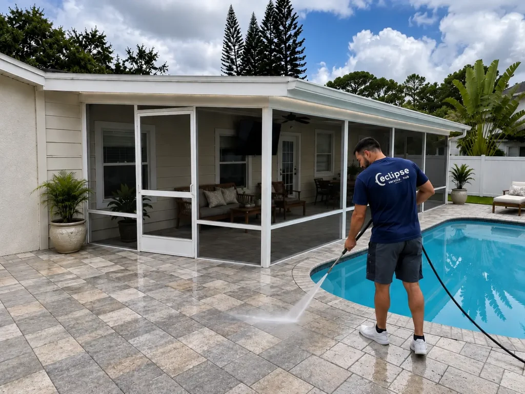 Pool Side Patio Pavers Cleaning by Eclipse Team After Work