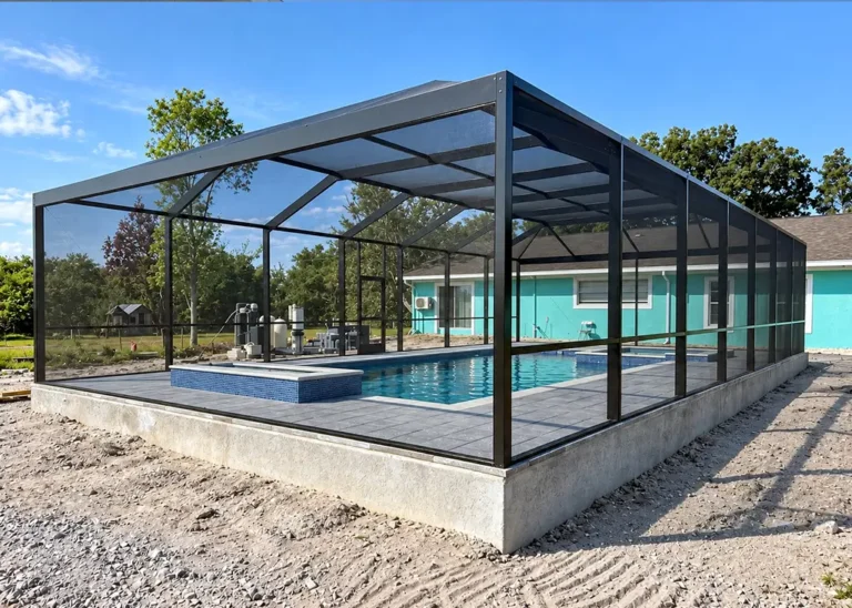 After Installation of Custom Panoramic Pool Screen Enclosure with Mansard Roof in Dover, FL