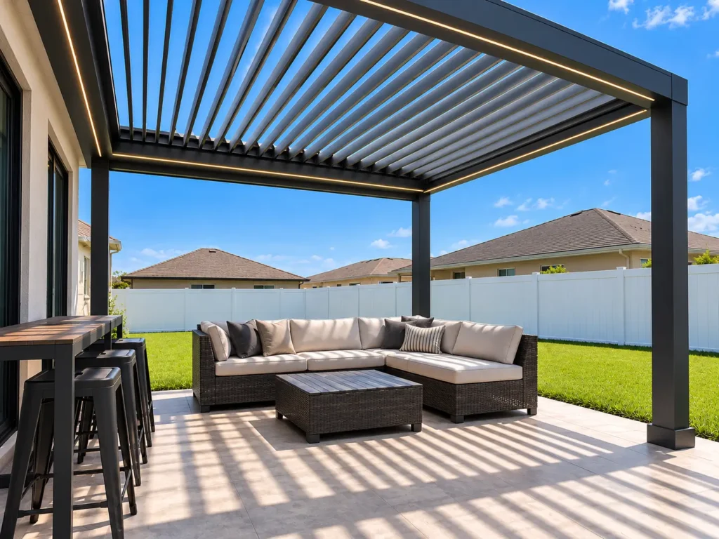 Aluminum louvered pergola with motorized louvers half open