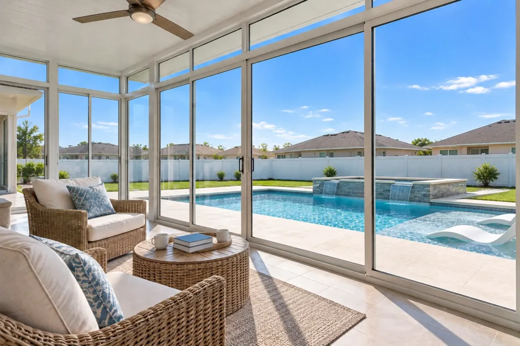 Pool view from an enclosed Florida room